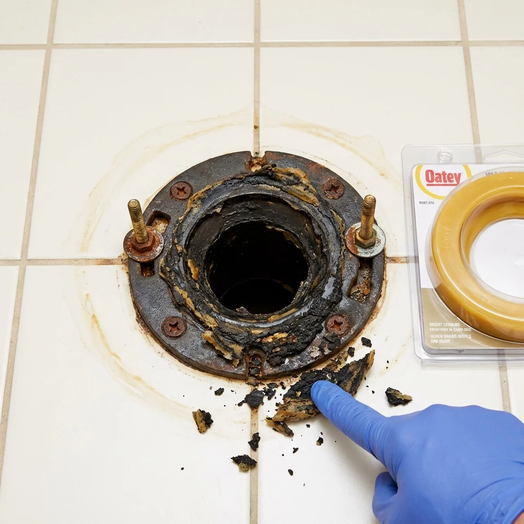 Failed wax ring showing water seepage at the base of a toilet in a Eagle, NE home
